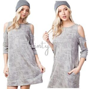 Tie Dye Cold Shoulder Gray White Dress